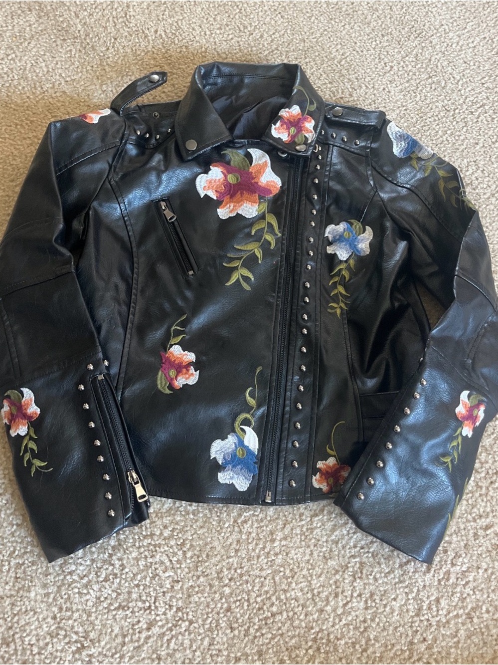 Black Floral Embroidered Faux Leather Moto Jacket